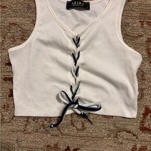 AKIRA White Ribbed Crop Tank with Navy Lace-Up Front